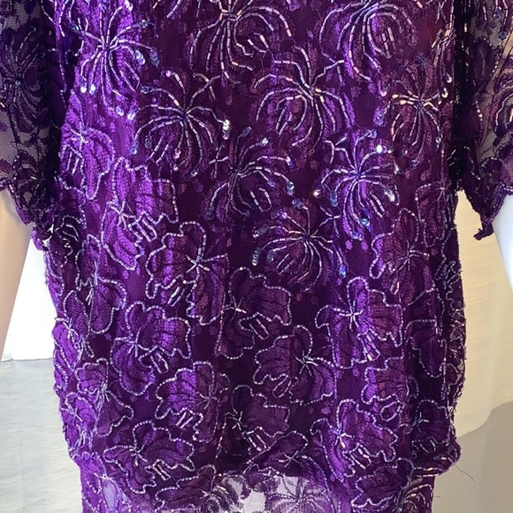 Brilliante By J.A. Purple Sequin Beaded Short Sleeve High Neck Tunic Top Sz L - Picture 3 of 12